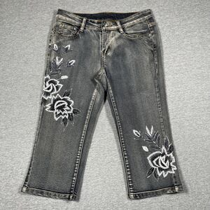 AZI Jeans Womens 4 Gray Cropped Floral Embroidered Sequin Beaded Charcoal Wash